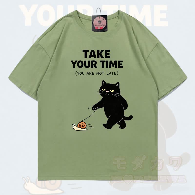 MODAKAWA TAKE YOUR TIME Katzenmotiv T-Shirt aus 100 % Baumwolle - Hellgrün - 5XL - image 8