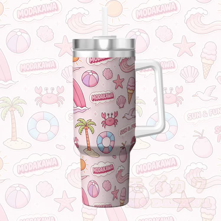 Pinkfarbener Edelstahl-Isolierbecher mit Modakawa-Griff und Strohhalm für sommerliche Strandmotive - image 4