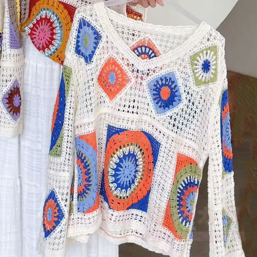 Boho Patchwork Häkel-Strandpullover mit langen Ärmeln, transparent, langärmelig - Grün - One Size - image 7