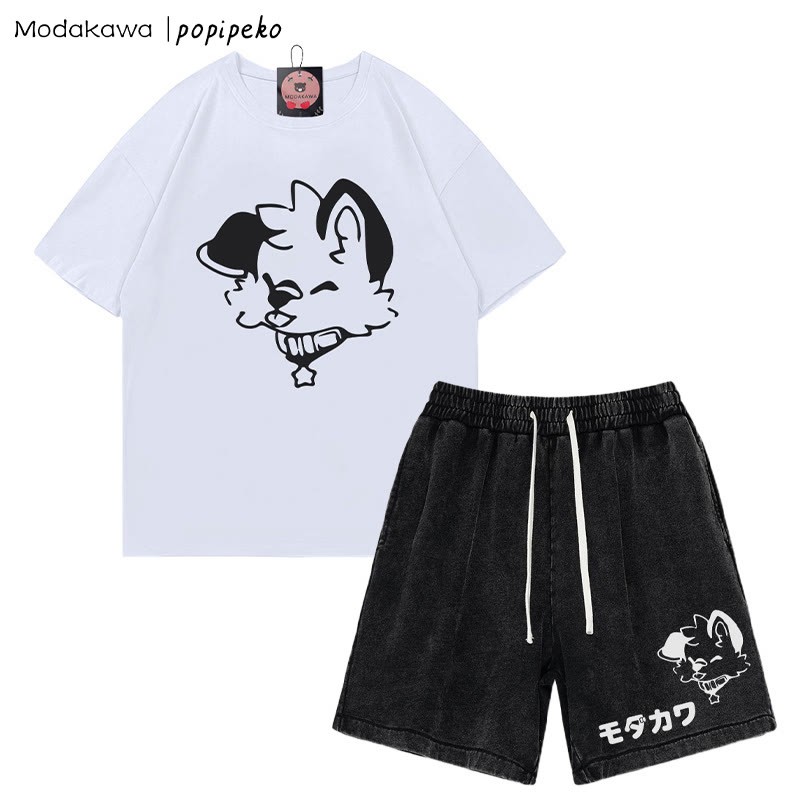 MODAKAWA X popipeko Puppy Letter T-Shirt und Vintage Washed Shorts Zweiteiliges Set - White&Black - 3XL - image 9