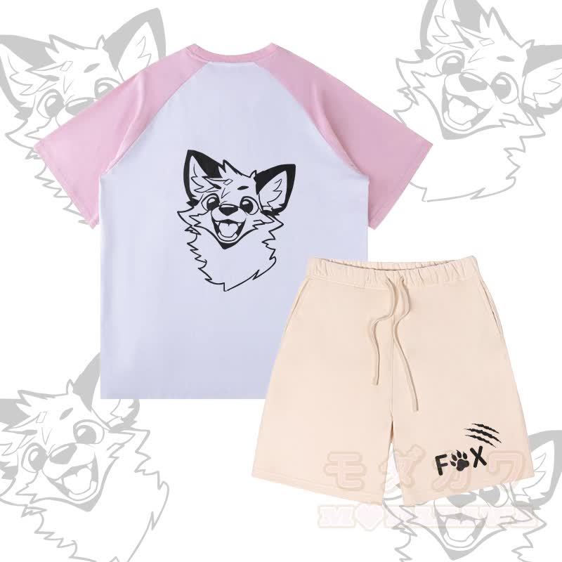 MODAKAWA X atka Happy Fox Graphic Farben Block Pocket T-Shirt Shorts passendes Outfit - Satz C - XL - image 3