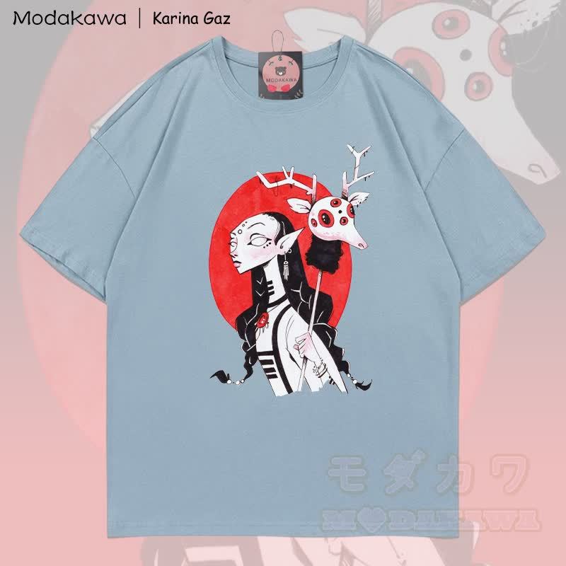 MODAKAWA X Karina Gaz Goth Deer Mask Grafik 100% Baumwoll-T-Shirt - Hellgraublau - 5XL - image 4