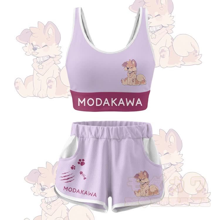 MODAKAWA X popipeko Zunge-raus-Welpen-Grafik Crop Tank Top Sport Top Shorts Bikini passendes Outfit - Lila Set - 5XL - image 13