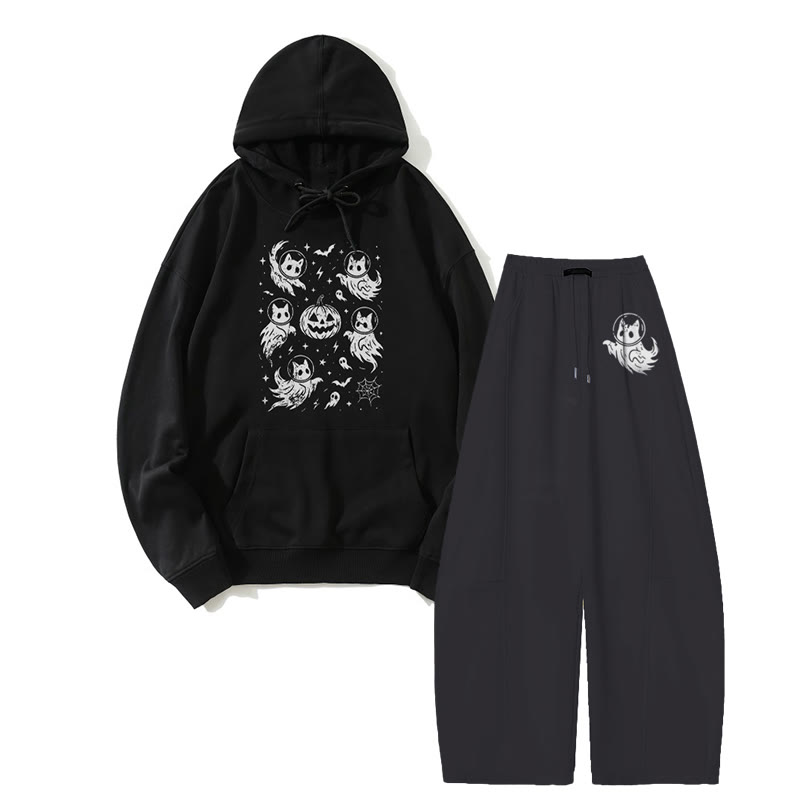 MODAKAWA Ghost Cat Pumpkin Hoodie Wide Leg Pants Zweiteiliges Set - Black - 5XL - image 3