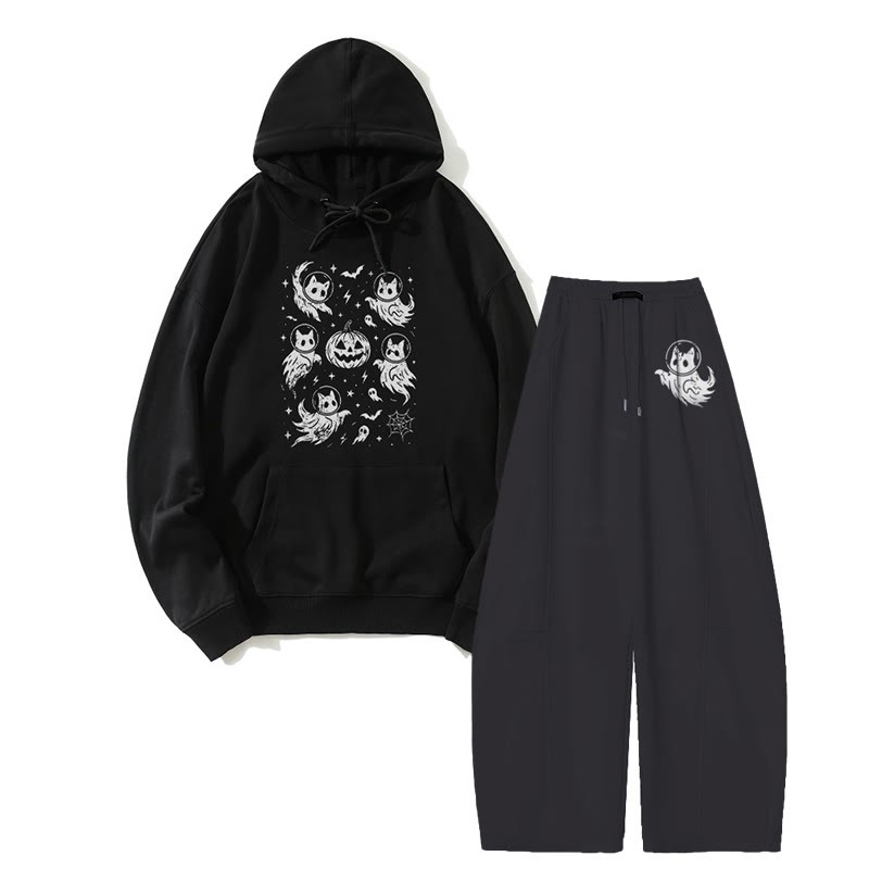 MODAKAWA Ghost Cat Pumpkin Hoodie Wide Leg Pants Zweiteiliges Set - Black - 5XL - image 3