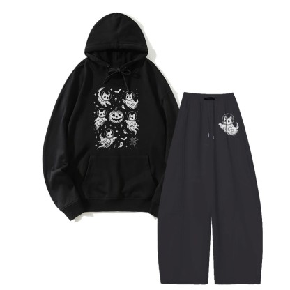 MODAKAWA Ghost Cat Pumpkin Hoodie Wide Leg Pants Zweiteiliges Set - Black - 5XL - image 3