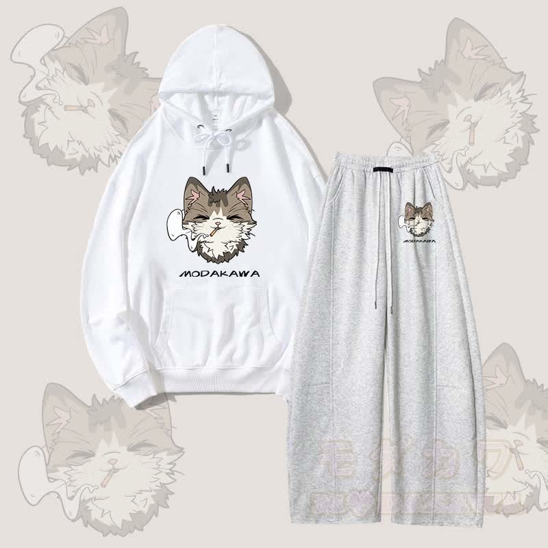 MODAKAWA Smoking Cat Grafik-Hoodie, weite Hose, zweiteiliges Set - Weiß & Grau - 5XL - image 4