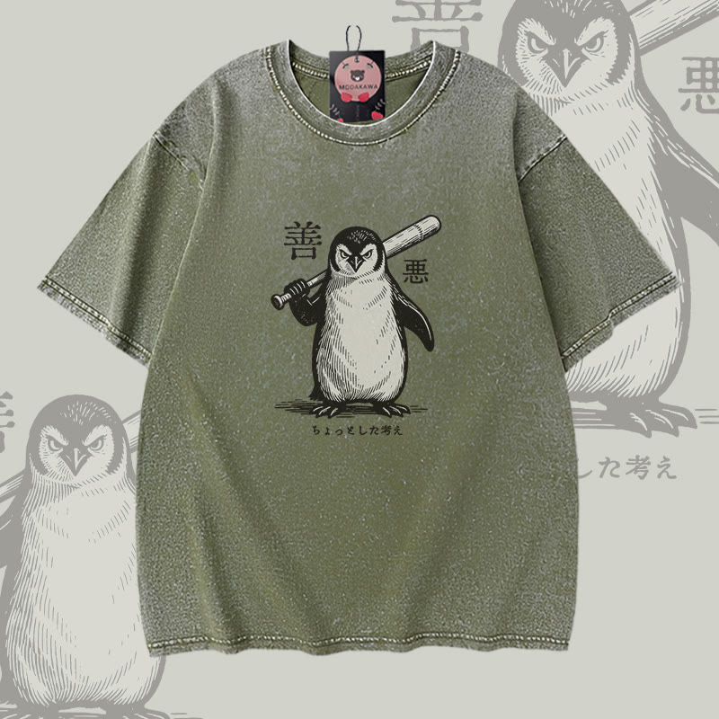 Modakawa Vintage-T-Shirt aus 100 % Baumwolle mit Pinguin-Baseballschläger-Motiv, gewaschen - Green - 5XL - image 3