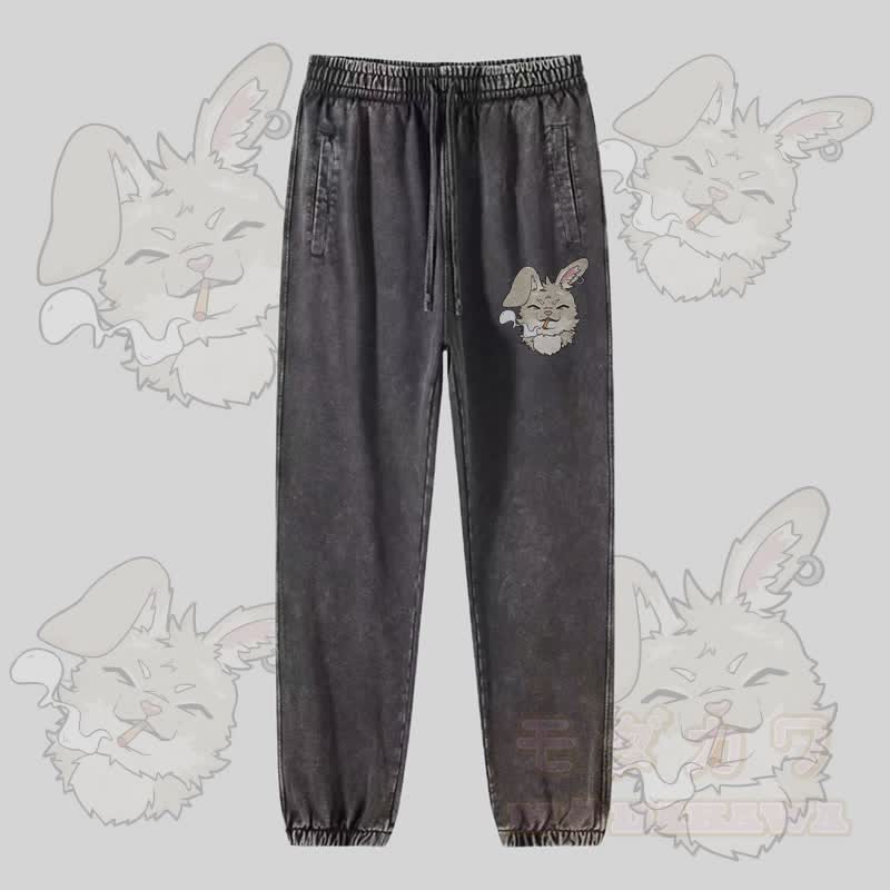 MODAKAWA Smoking Bunny Graphic Vintage Washed Jogger Pants - Dunkelgrau - 2XL - image 4