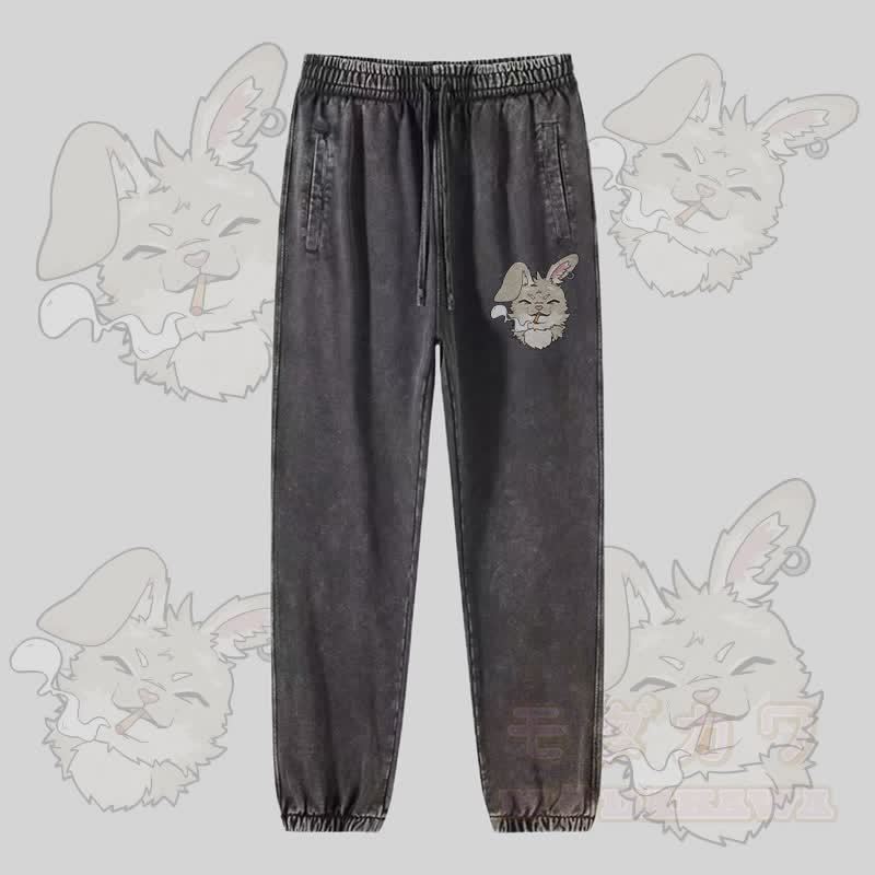 MODAKAWA Smoking Bunny Graphic Vintage Washed Jogger Pants - Dunkelgrau - 2XL - image 4