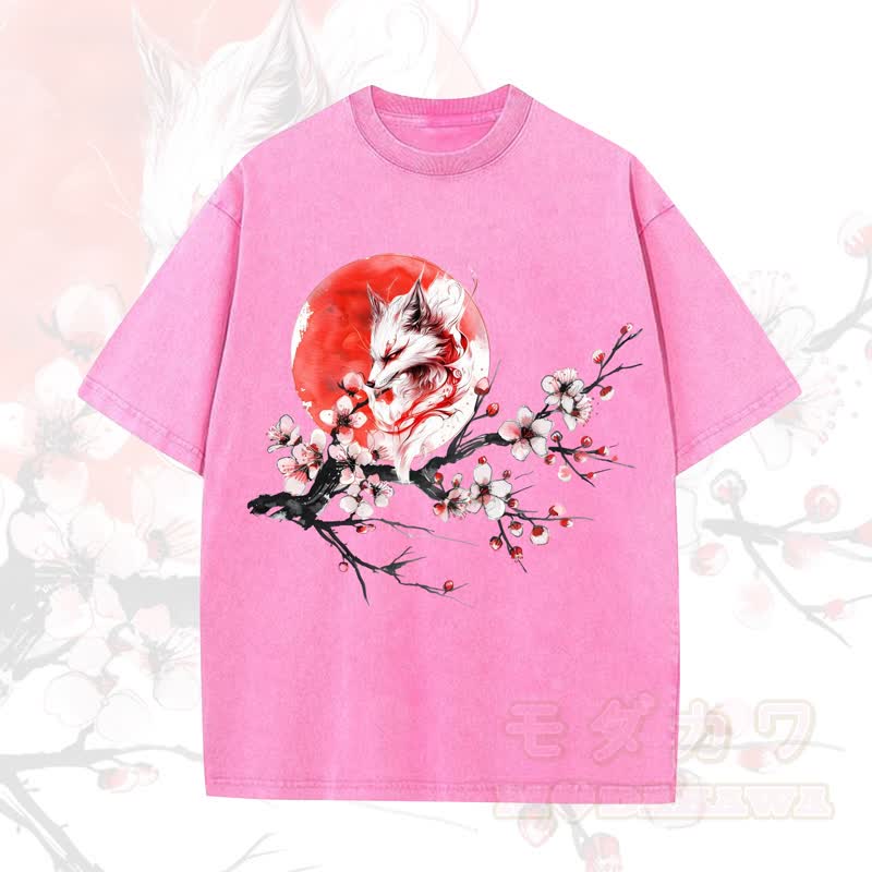 MODAKAWA Vintage Washed Fox Sun Plum Blossom Print Kurzarm-T-Shirt - Rose - 5XL - image 9