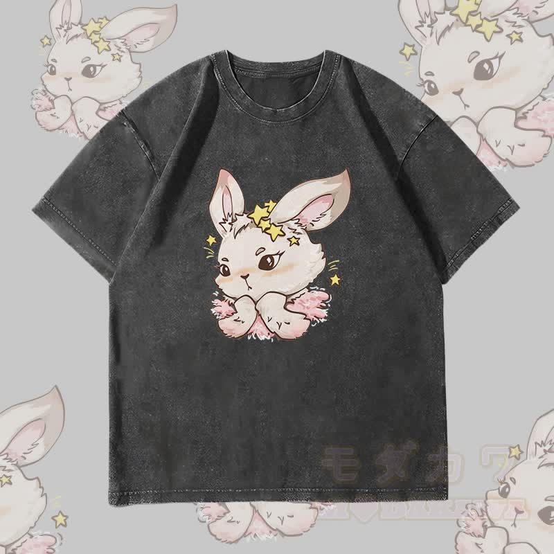 MODAKAWA Star Bunny Grafik Unisex Vintage Washed T-Shirt - Schwarz - 4XL - image 4