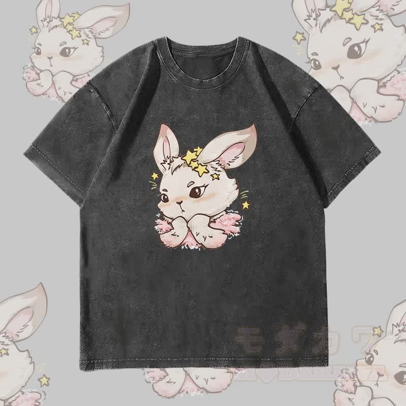 MODAKAWA Star Bunny Grafik Unisex Vintage Washed T-Shirt - Schwarz - 4XL - image 4