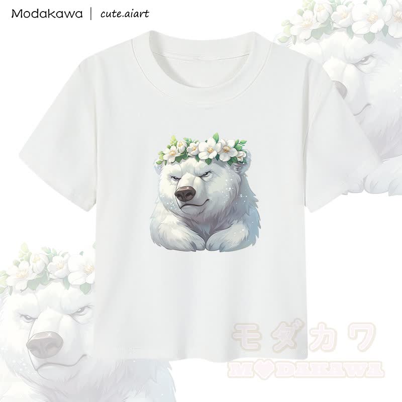 MODAKAWA X cute.aiart Crop-Top für Damen mit floralem Eisbären-Motiv, 92 % gekämmte Baumwolle - Weiß - XL - image 3