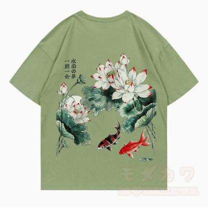 MODAKAWA Sommer-T-Shirt mit Blumen- und Fischmuster, locker geschnitten, Kurzarm - Olivgrün - 5XL - image 7