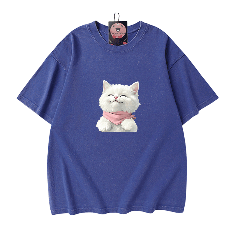 Modakawa Unisex Vintage T-Shirt mit weißer Katzengrafik - Blue - 5XL - image 6