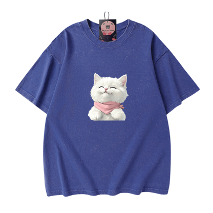 Modakawa Unisex Vintage T-Shirt mit weißer Katzengrafik - Blue - 5XL - image 6