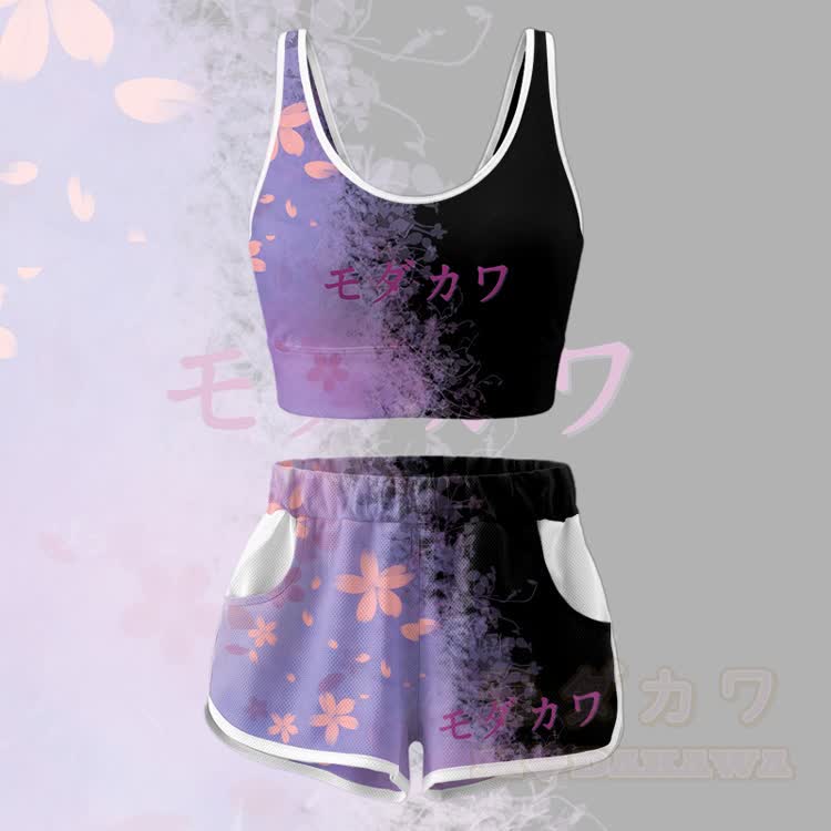 Sakura Graphic Crop Tank Sport Top Shorts Bikini Modakawa Matching Outfit - Lila Set - 5XL - image 4