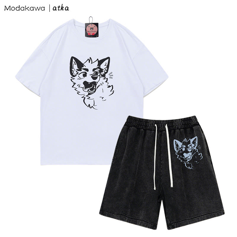 MODAKAWA X atka Verspieltes T-Shirt mit Fuchsgesicht-Grafik und verwaschenen Vintage-Shorts, zweiteiliges Set - White&Black - 3XL - image 7