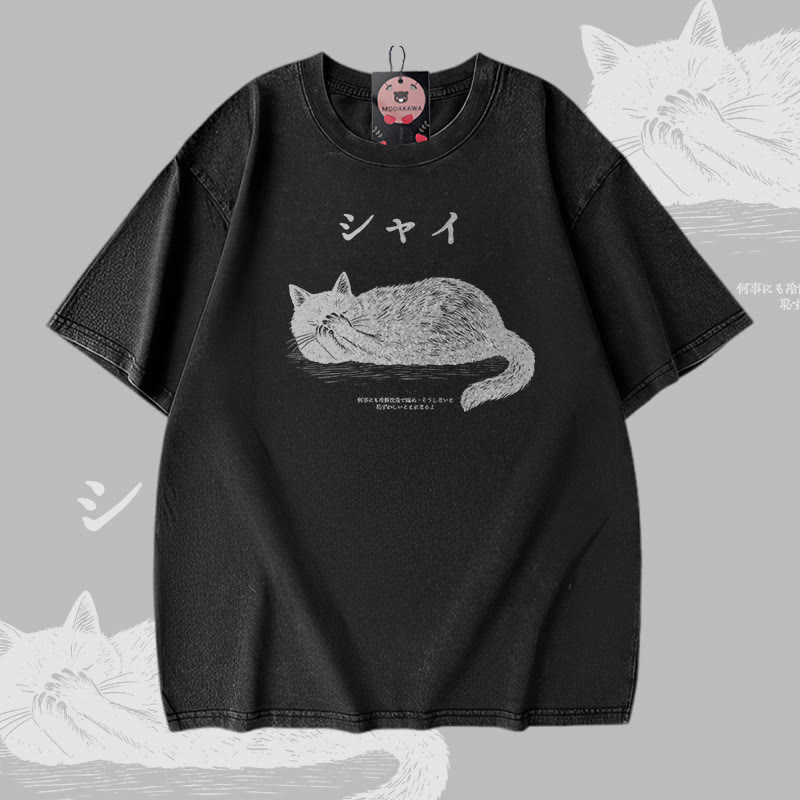 Modakawa Vintage-T-Shirt aus 100 % Baumwolle mit liegender Katze (Grafik) - Black - 5XL - image 2