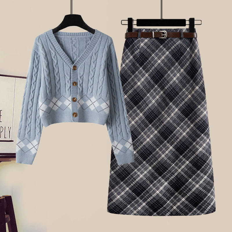 Strickjacke, Gürtel, Karorock, passendes Outfit - Set D - XL - image 4