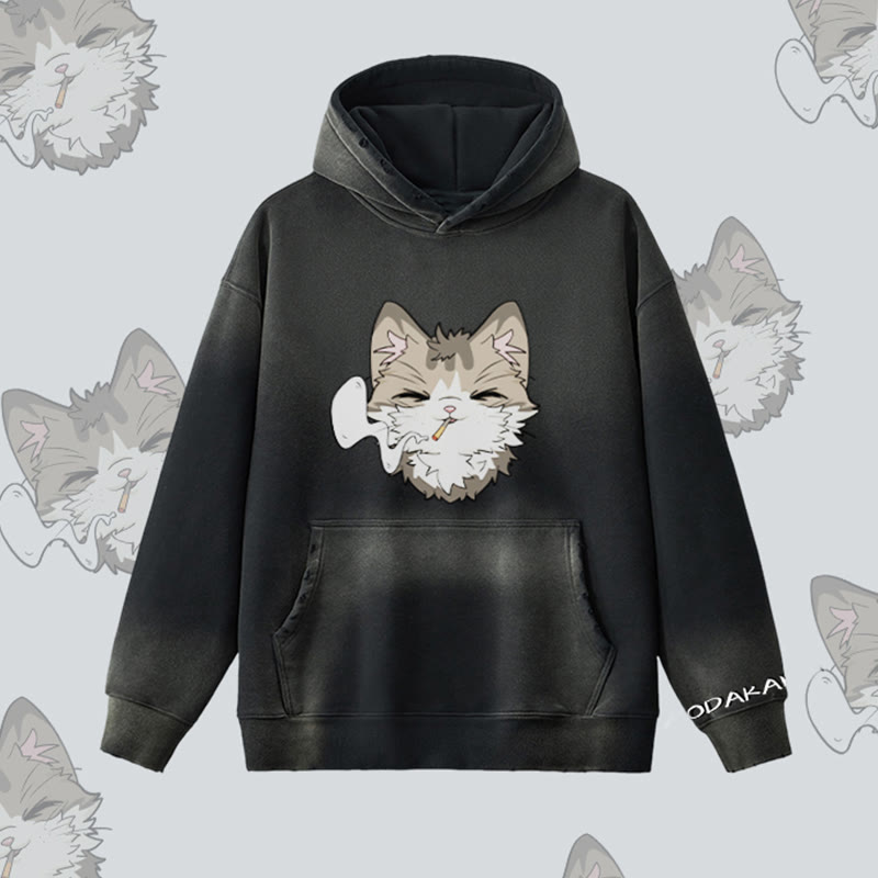 MODAKAWA Kapuzenpullover mit Raucherkatzen-Motiv, Vintage-Waschung, Fleece-Futter - Black - 2XL - image 7