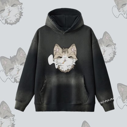 MODAKAWA Kapuzenpullover mit Raucherkatzen-Motiv, Vintage-Waschung, Fleece-Futter - Black - 2XL - image 7