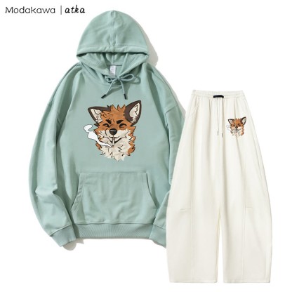 MODAKAWA X atka Fox Smoking Graphic Hoodie Wide Leg Pants Zweiteiliges Set - Green&White - 5XL - image 5