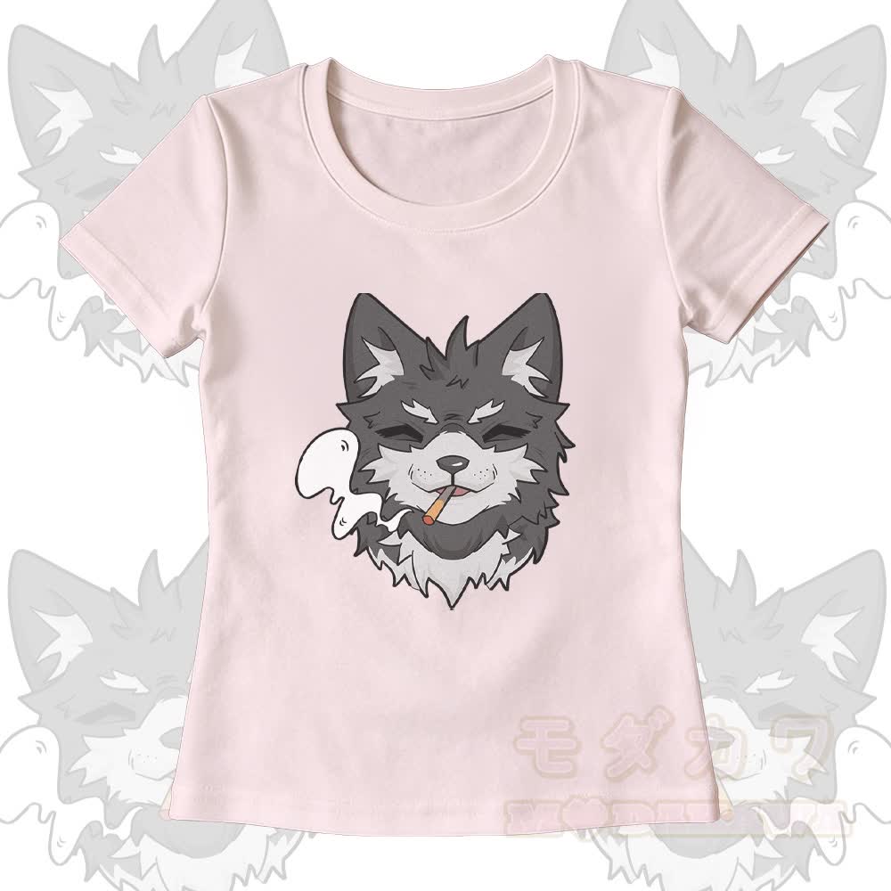 Smoking Wolf Grafik-T-Shirt mit U-Ausschnitt und passender Hose mit weitem Bein - Hellrosa T-Shirt - XL - image 4