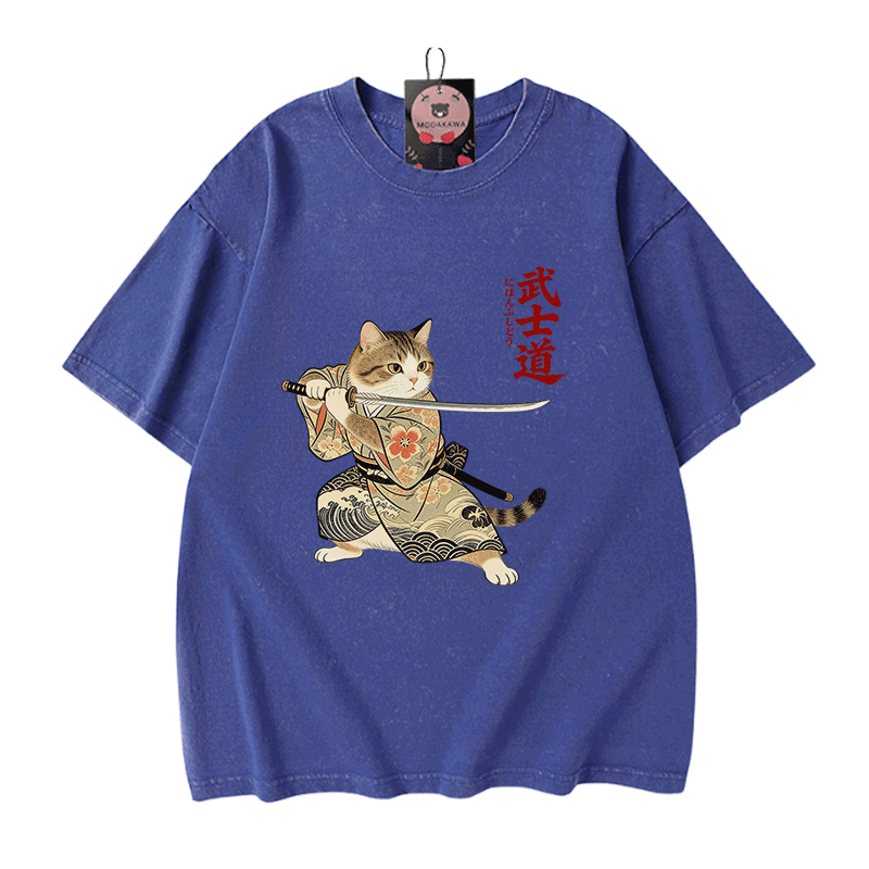 Samurai-Katzen-Grafik Modakawa Vintage gewaschenes T-Shirt aus 100 % Baumwolle - Blue - 5XL - image 4