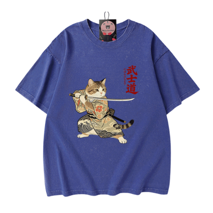 Samurai-Katzen-Grafik Modakawa Vintage gewaschenes T-Shirt aus 100 % Baumwolle - Blue - 5XL - image 4