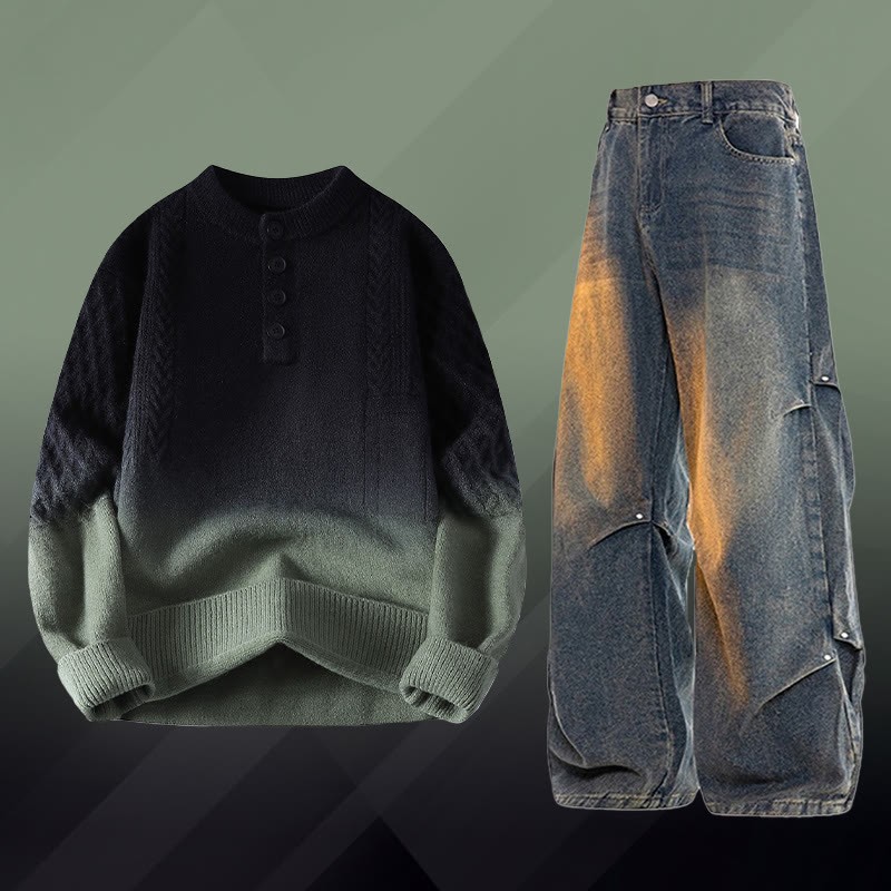 Zweiteiler: Farbverlauf-Zopfstrickpullover und Jeans - Set F - 3XL - image 6