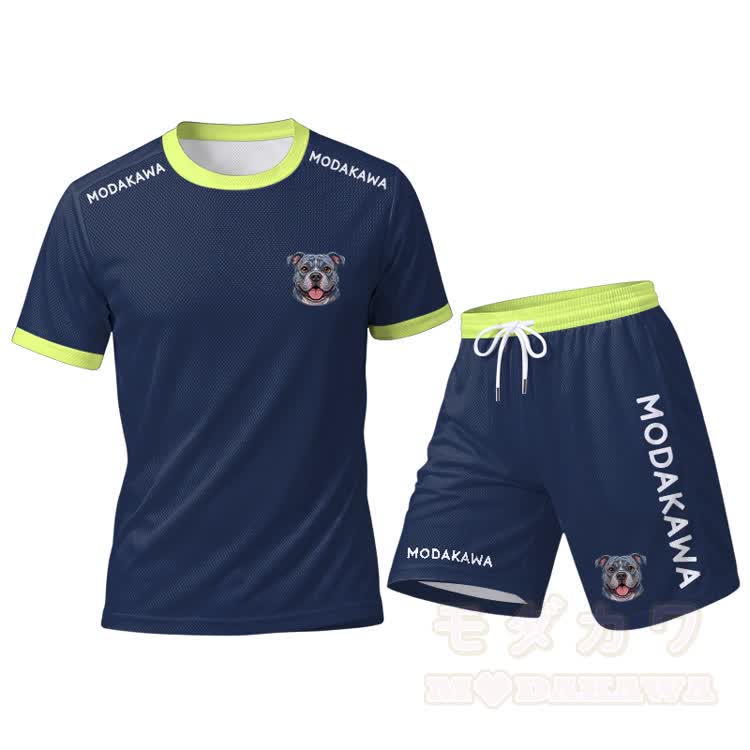 Bulldoggen-Grafik Herren-Sport-T-Shirt, Shorts mit Kordelzug, Modakawa passendes Outfit - Blaues Set - 5XL - image 14