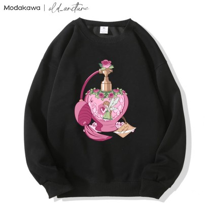 MODAKAWA X old_arcture Rose Angel Parfümflasche Buchstabendruck Sweatshirt mit rundem Kragen - Black - 5XL - image 5