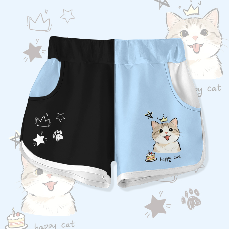 HAPPY CAT Katzenkuchen Grafik Modakawa Farben Block Shorts - Black & Blue - 5XL - image 3