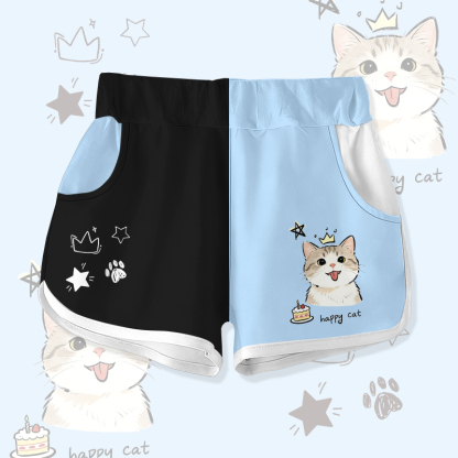 HAPPY CAT Katzenkuchen Grafik Modakawa Farben Block Shorts - Black & Blue - 5XL - image 3