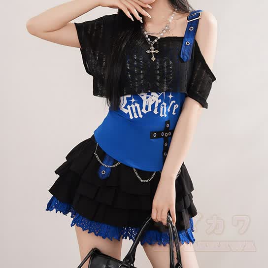 Dreiteiliges Set im Y2K Stil: Top, Camisole und Minirock - Blauer Rock - XL - image 6