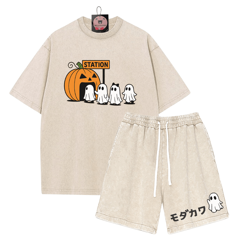 T-Shirt mit Kürbisgeist-Print, verwaschene Vintage-Shorts , MODAKAWA Zweiteiler-Set - Apricot - 3XL - image 9