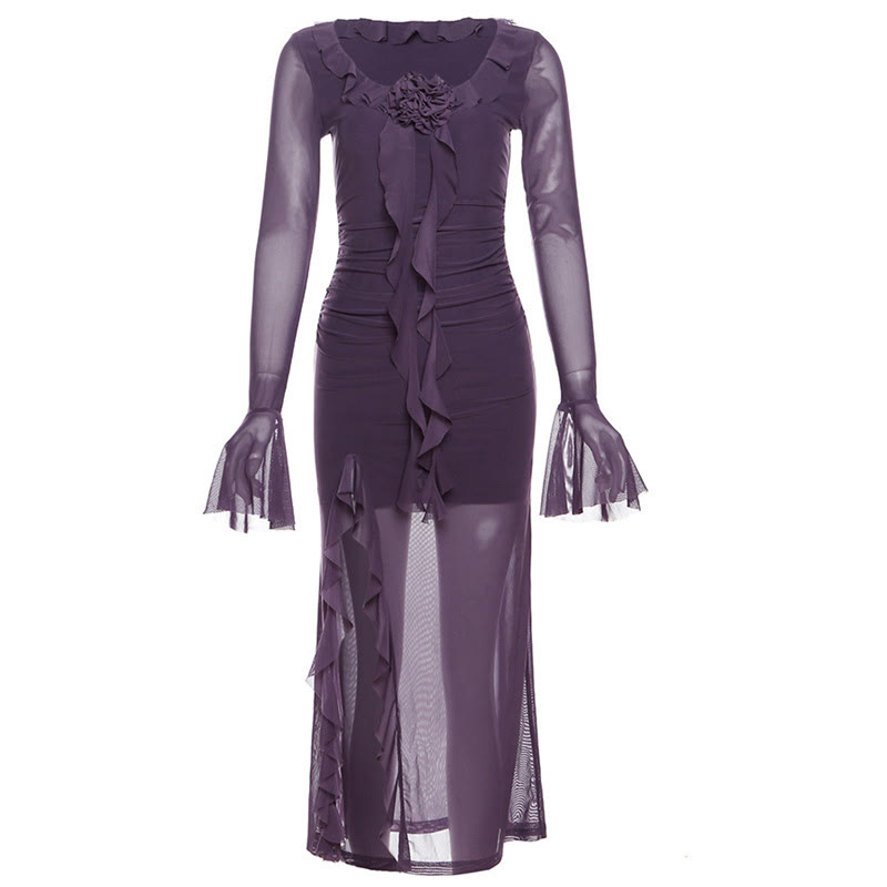 Flower Mesh See-through Slit Dress - image 2