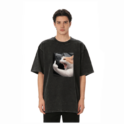 Modakawa Unisex Vintage Washed T-Shirt mit wütender Katzengrafik - image 3