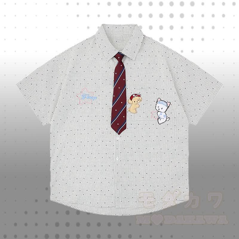 Krawatte mit Welpenstickerei, kariertes Hemd, 3D-Bärenkette, zerrissene Jeans, Modakawa-Partnerlook - Weißes T-Shirt - XL - image 5