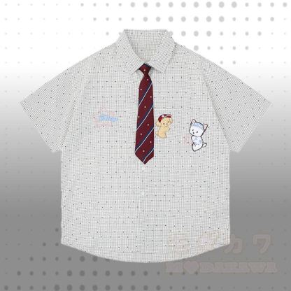 Krawatte mit Welpenstickerei, kariertes Hemd, 3D-Bärenkette, zerrissene Jeans, Modakawa-Partnerlook - Weißes T-Shirt - XL - image 5