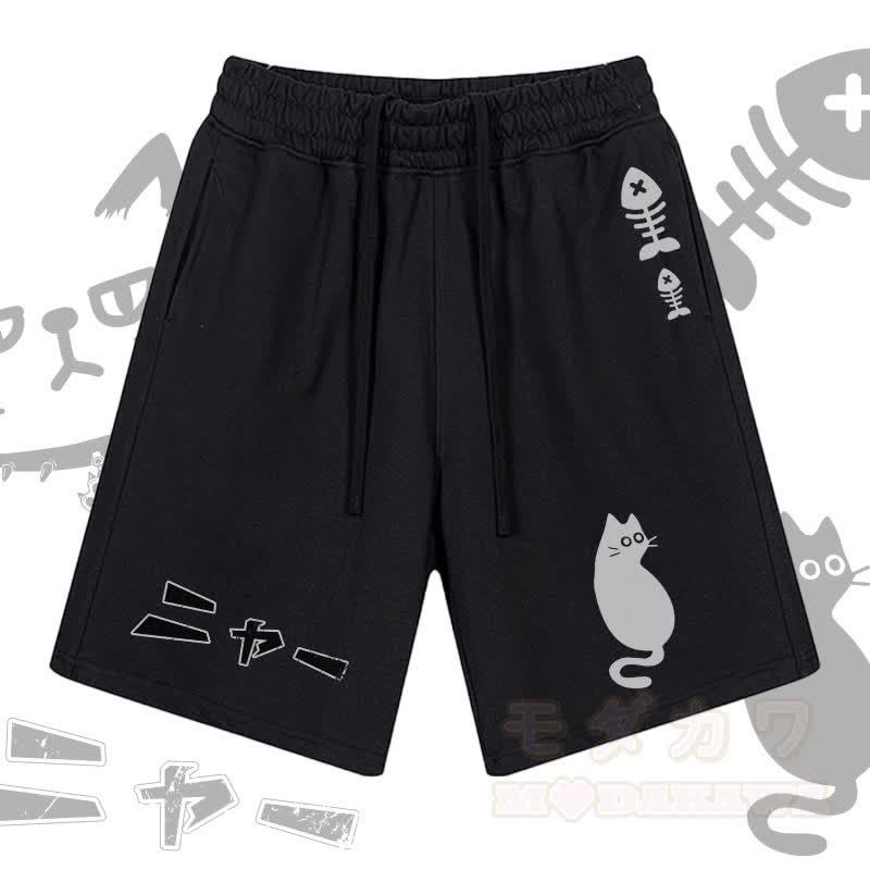 MODAKAWA Shorts mit Katzen- und Fischgrätenmuster und Kordelzug - Schwarz - 2XL - image 3