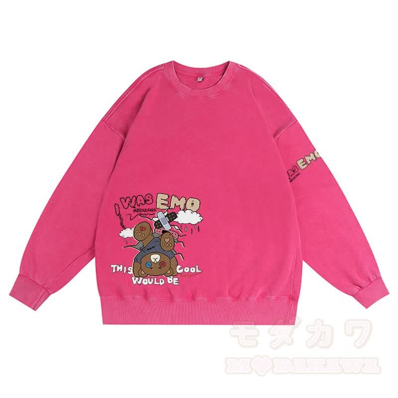 MODAKAWA I WAS EMO Upside Down Bear Graphic Unisex Vintage Washed Sweatshirt - Rosenrot - 3XL - image 3