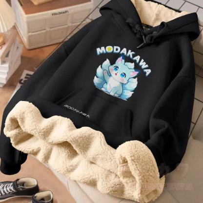 MODAKAWA Winterhoodie mit niedlichem neunschwänzigem Fuchsmotiv, dick gefüttert mit Fleece - Schwarz - 2XL - image 3