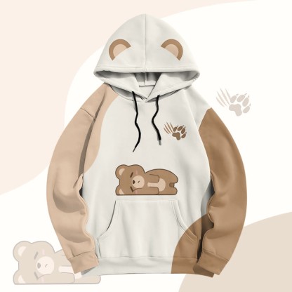 MODAKAWA Farben Block Bear Lying Flat Graphic All Over Print Pullover Hoodie - Beige - 8XL - image 2