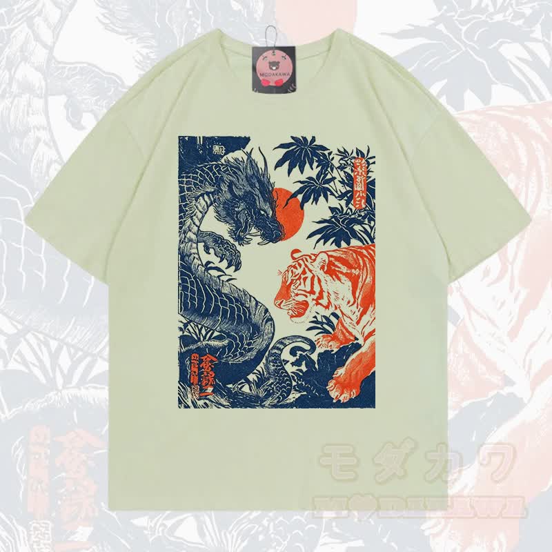 MODAKAWA Sommer-T-Shirt mit Drachen- und Tigerprint, lockere Passform, Kurzarm - Hellgrün - 5XL - image 6