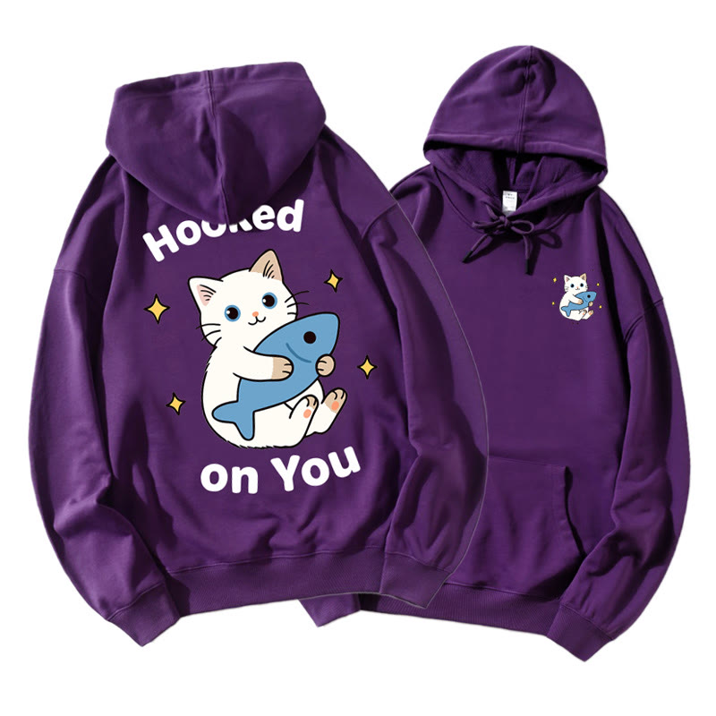 Kitty Holding Fish Graphic Paar Passender Hoodie - Dark Purple A - 5XL - image 8