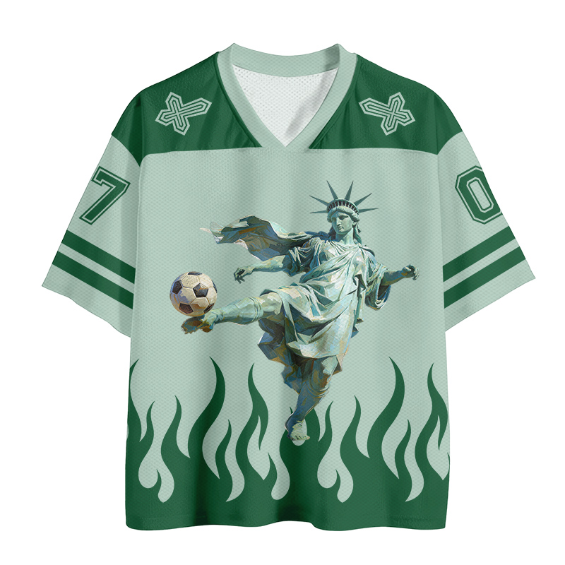 Fußballtrikot mit Freiheitsstatue-Motiv, Kreuz, Feuernummer, Grafik, Vintage-Mesh-Trikot - image 2