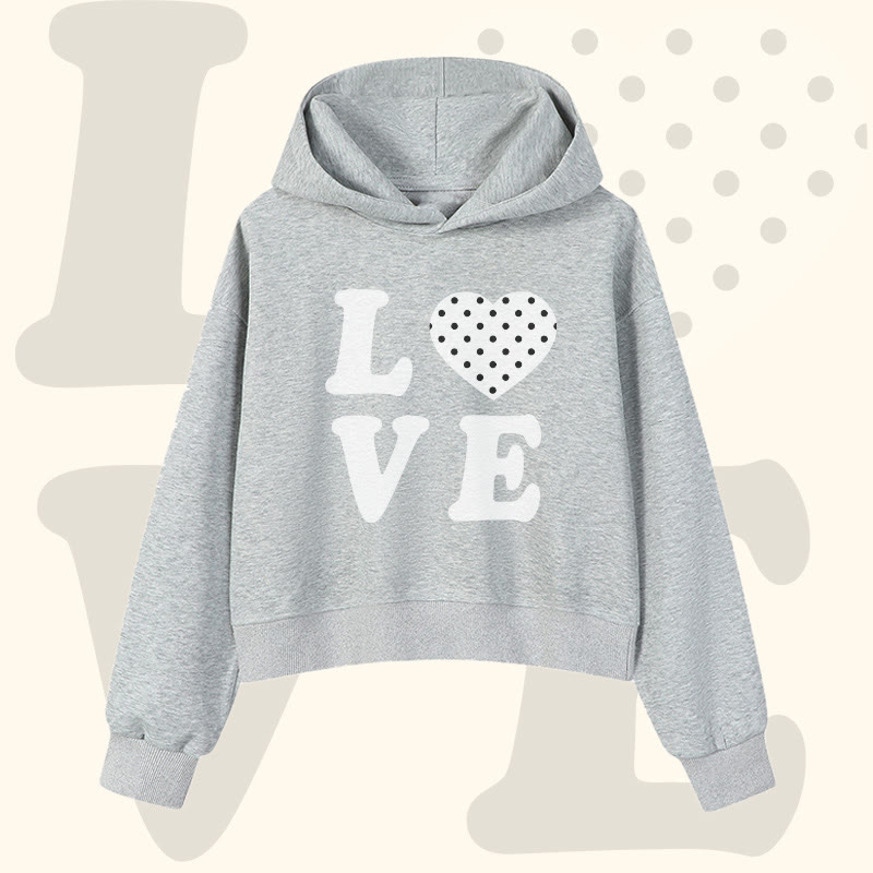 Modakawa Cropped Cotton Hoodie mit Polka-Dot-Herz-LOVE-Grafik - Grey - 3XL - image 3